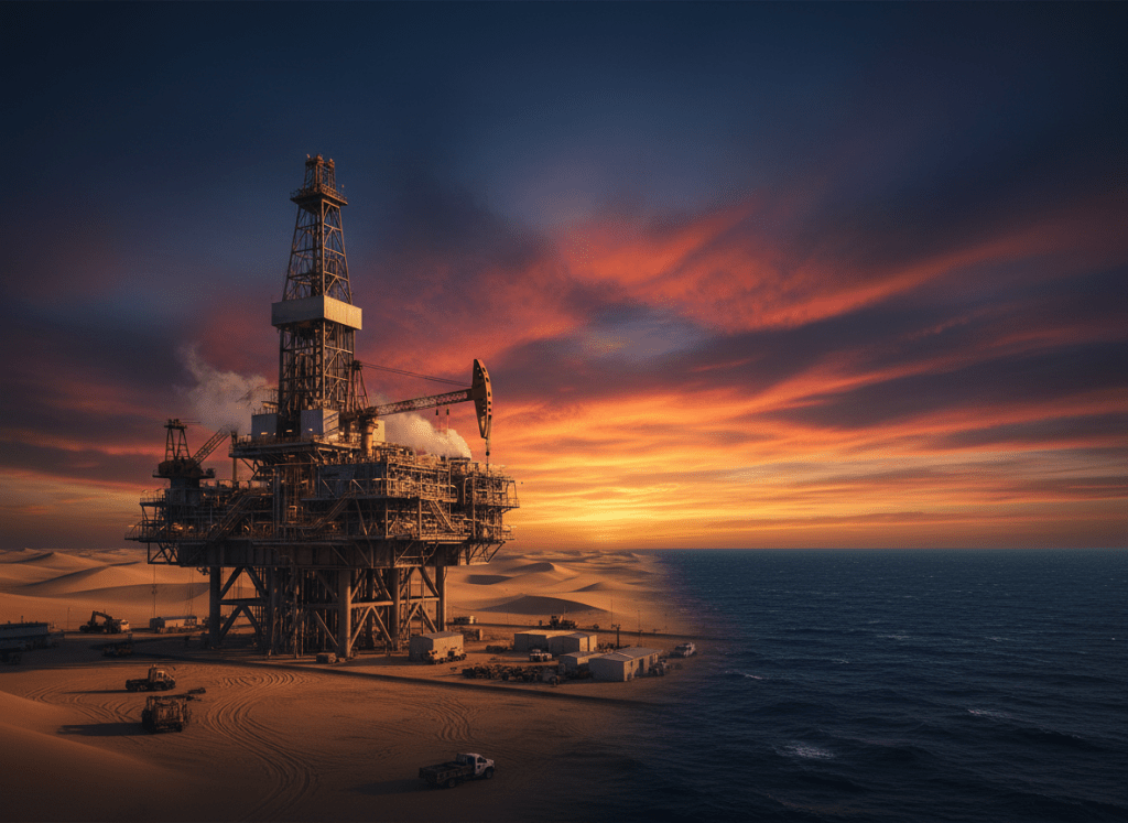 An oil drilling rig standing in a vast desert or offshore platform at dusk, dramatic sky with warm orange and deep blue tones, industrial scale, cinematic photography style. No text, no people visible. Moody, powerful atmosphere emphasizing scale and risk.